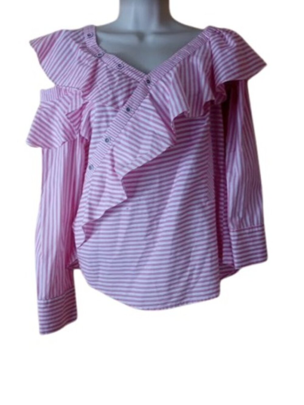 V Cristina Womens Blouse in Pink Candy Stripe Ruffled Button Detail Cotton S